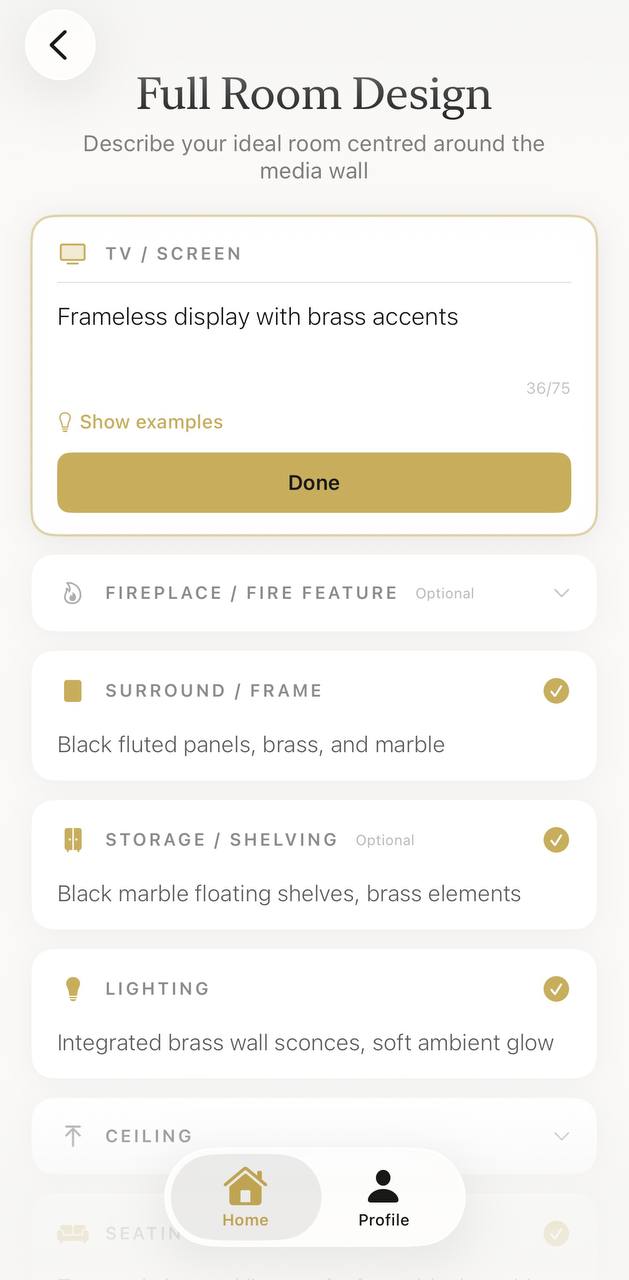 Aspire Interiors app showing AI-analysed mood board results with populated Full Room Design fields for TV, surround, storage, lighting, seating, and flooring