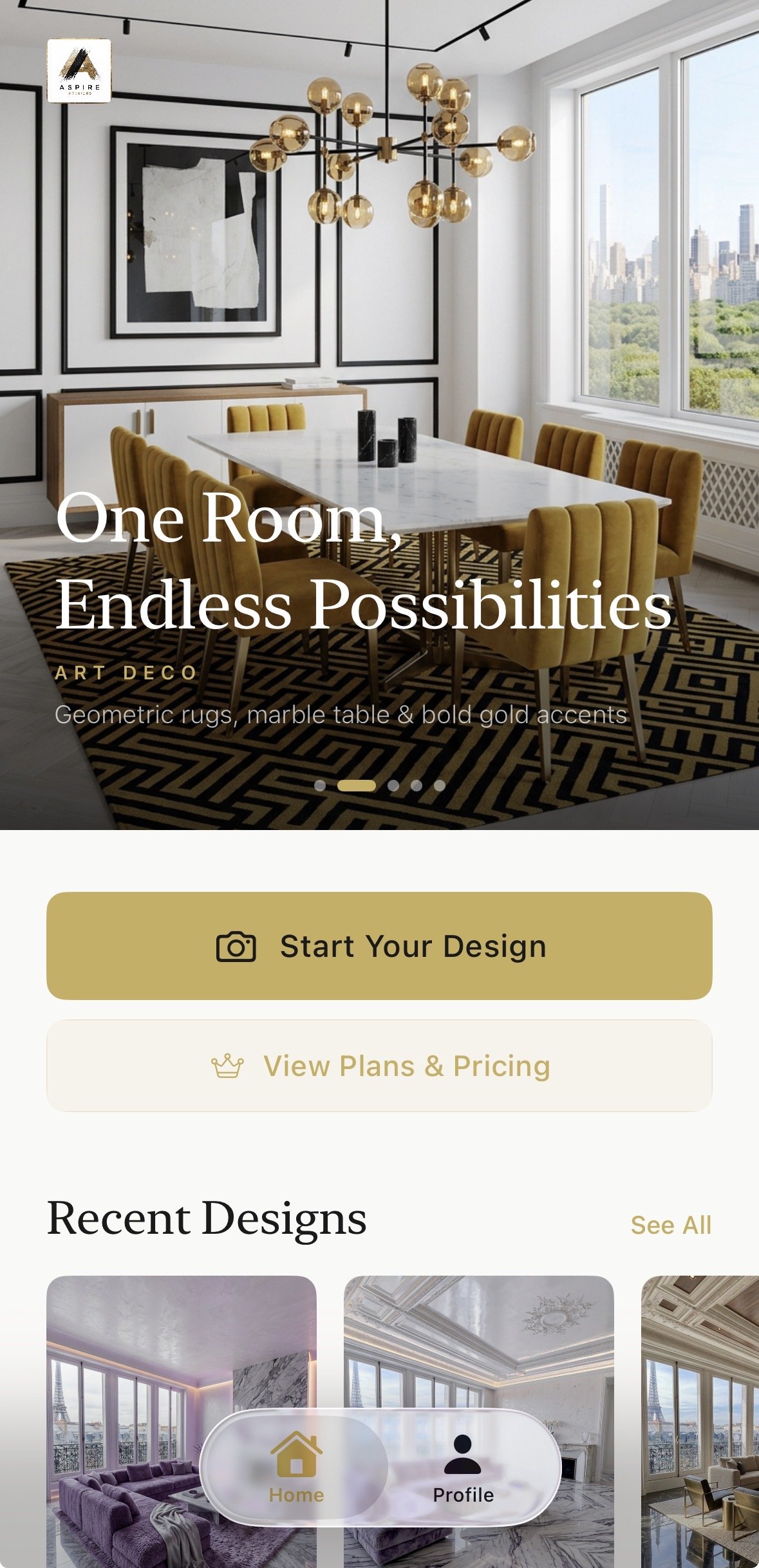 Aspire Interiors app home screen showing Start Your Design button and luxury room design previews