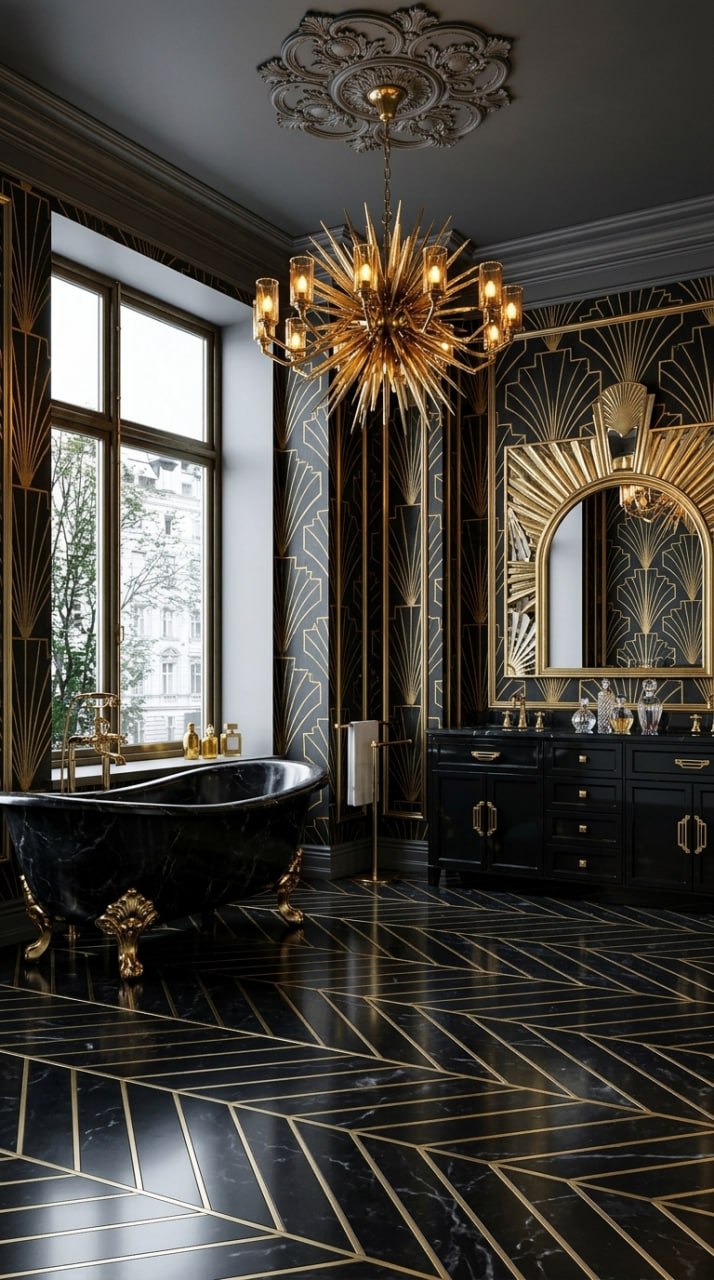 AI-generated Art Deco bathroom with black clawfoot tub with gold feet, black vanity with gold hardware, black and gold geometric wallpaper, and black marble floor with gold inlay