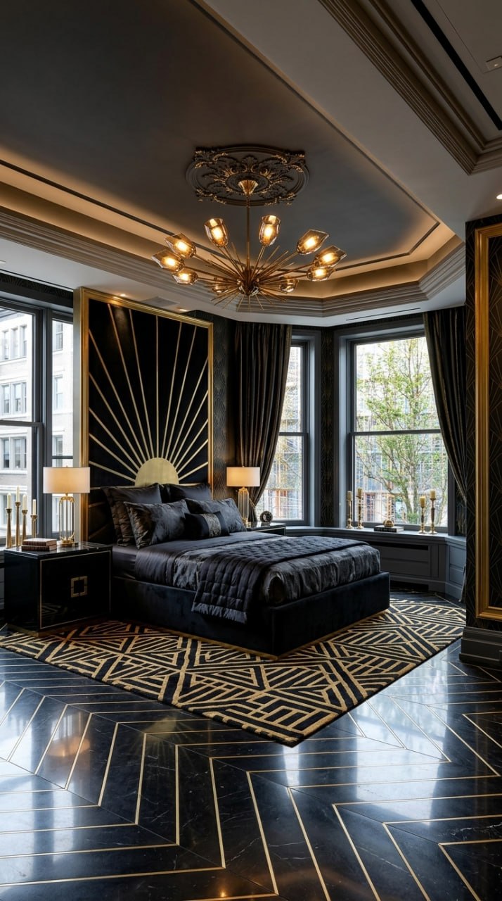 AI-generated Art Deco bedroom with black velvet bed, gold geometric headboard, black walls with gold detailing, and gold chandelier