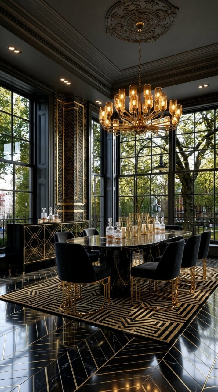 AI-generated Art Deco dining room with black marble dining table, black velvet chairs with gold legs, black and gold geometric rug, and oversized gold chandelier