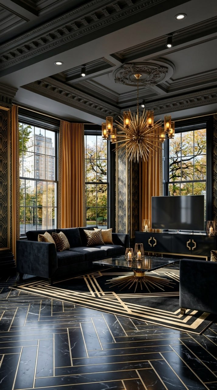 AI-generated Art Deco living room with black velvet sofas, gold drapery, black marble coffee table with gold accents, and black marble floor with gold inlay