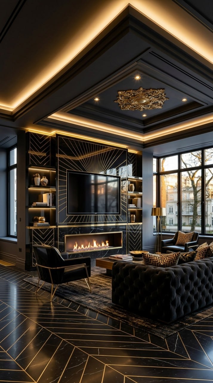 AI-generated Art Deco media wall with black lacquer panels, gold sunburst TV inlay, emerald velvet sofa, and gold LED strip lighting