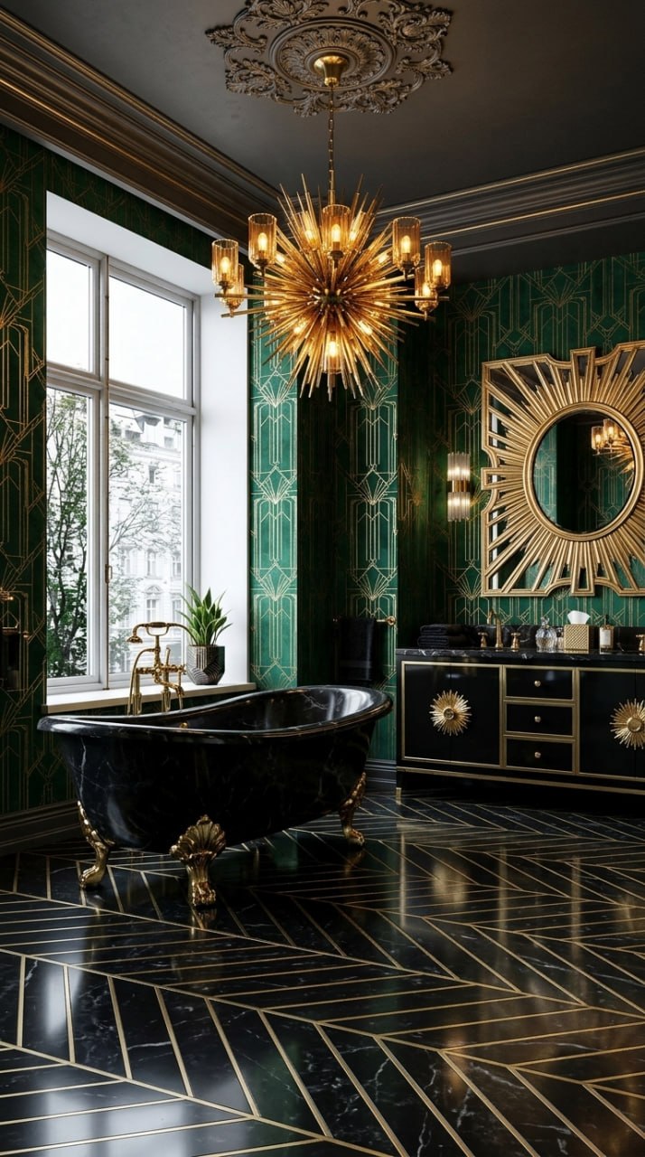 AI-generated Art Deco bathroom with green walls, gold geometric mirror, black clawfoot tub, gold chandelier, and black marble floor with gold inlay