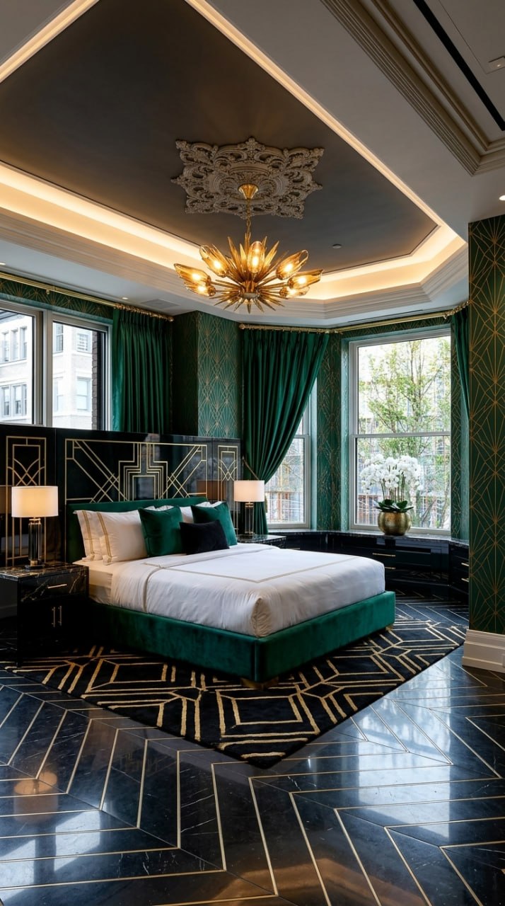 AI-generated Art Deco bedroom with emerald green upholstered bed, green patterned wallpaper and heavy green drapes, black low cabinetry, gold lighting and accents, and black marble floor with gold lines
