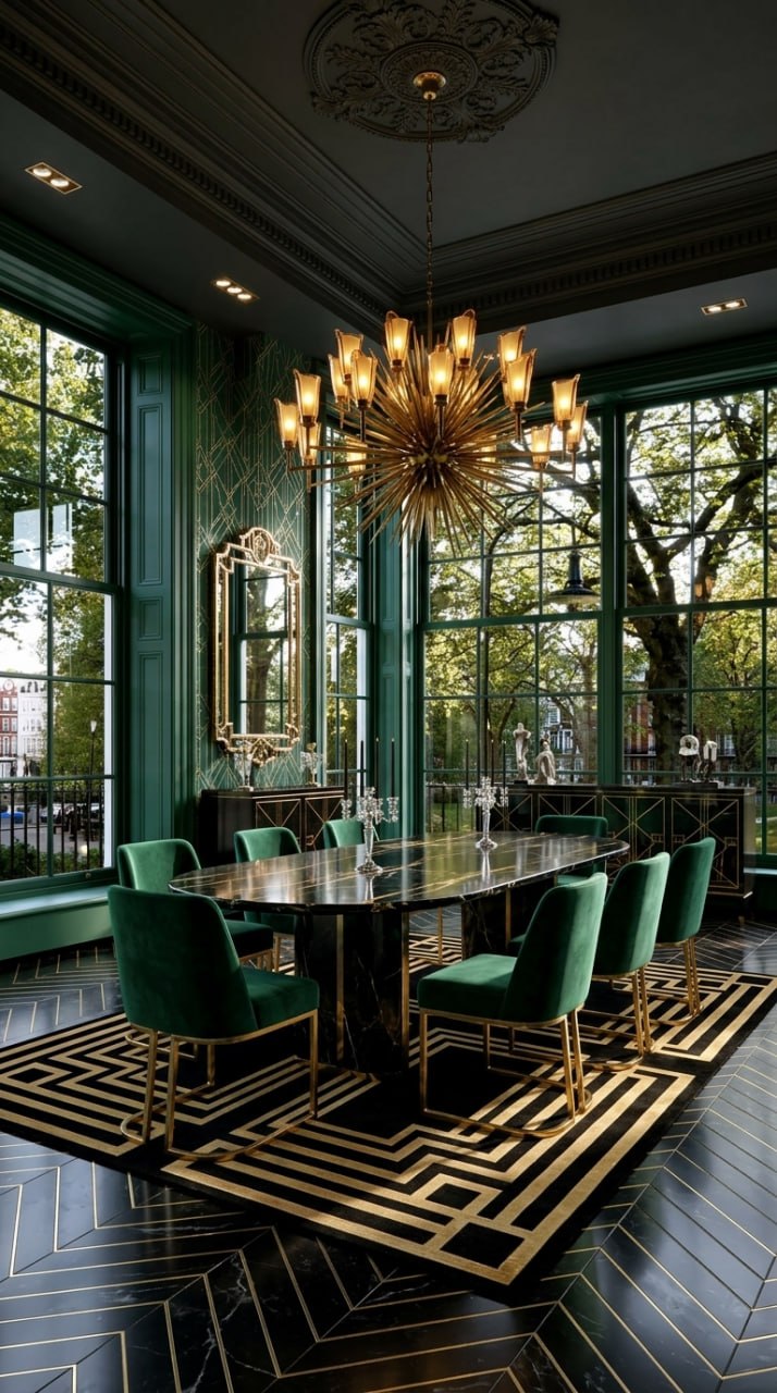 AI-generated Art Deco dining room with emerald velvet dining chairs, dark black marble table, glossy black floor with gold inlay, dramatic spiky gold chandelier, and gold-accent mirror and sideboard