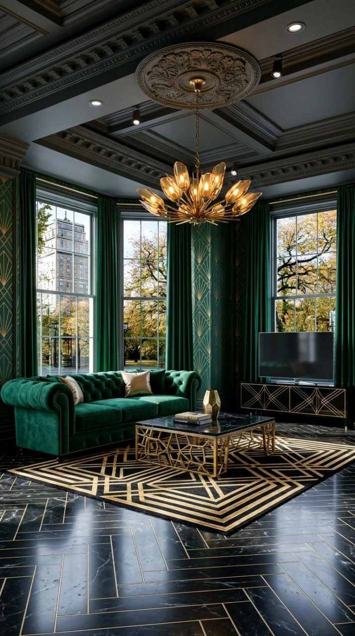 AI-generated Art Deco living room with emerald velvet Chesterfield sofa, black marble-top coffee table with intricate gold base, black and gold geometric rug, and deep green drapes and wallpaper