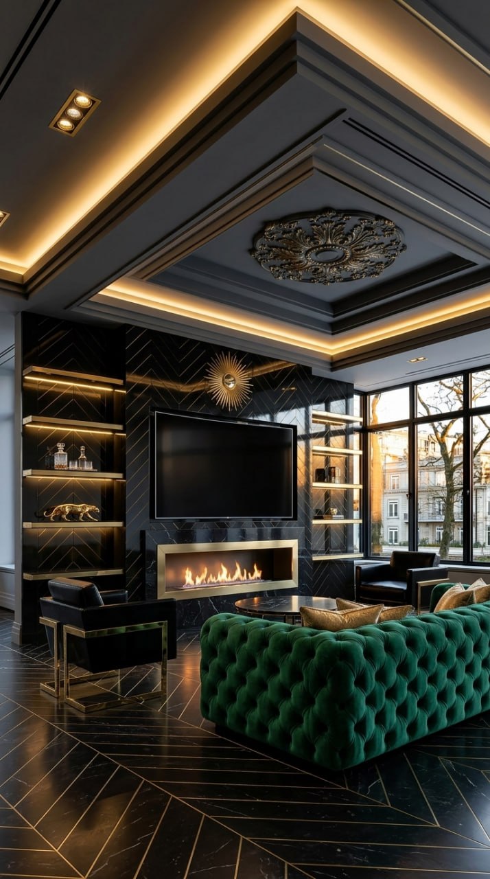 AI-generated Art Deco media wall with emerald green tufted Chesterfield sofa, black marble TV and fireplace wall with gold trim, black leather chairs with gold frames, and black marble floor with gold inlay