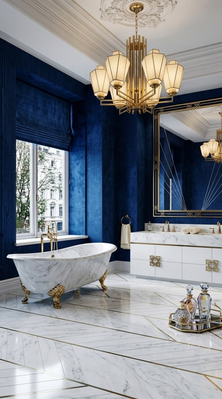 AI-generated Art Deco bathroom with navy textured walls, white marble freestanding tub with gold claw feet, white marble floor with gold inlay, and gold chandelier