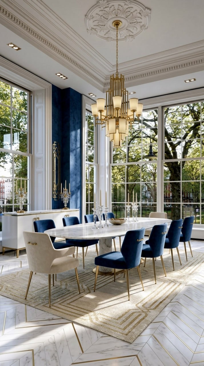 AI-generated Art Deco dining room with navy velvet chairs around white marble table, tall windows, tiered gold chandelier, and light marble herringbone floor with gold trim