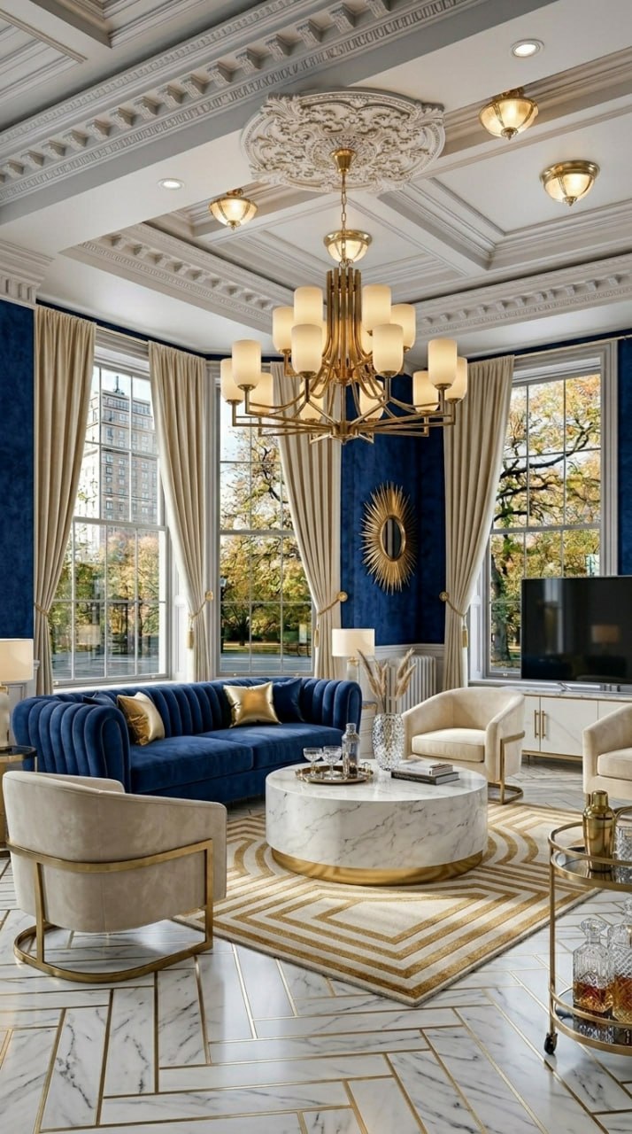 AI-generated Art Deco living room with sapphire blue velvet sofa, white marble coffee table, brass chandelier, and cream armchairs