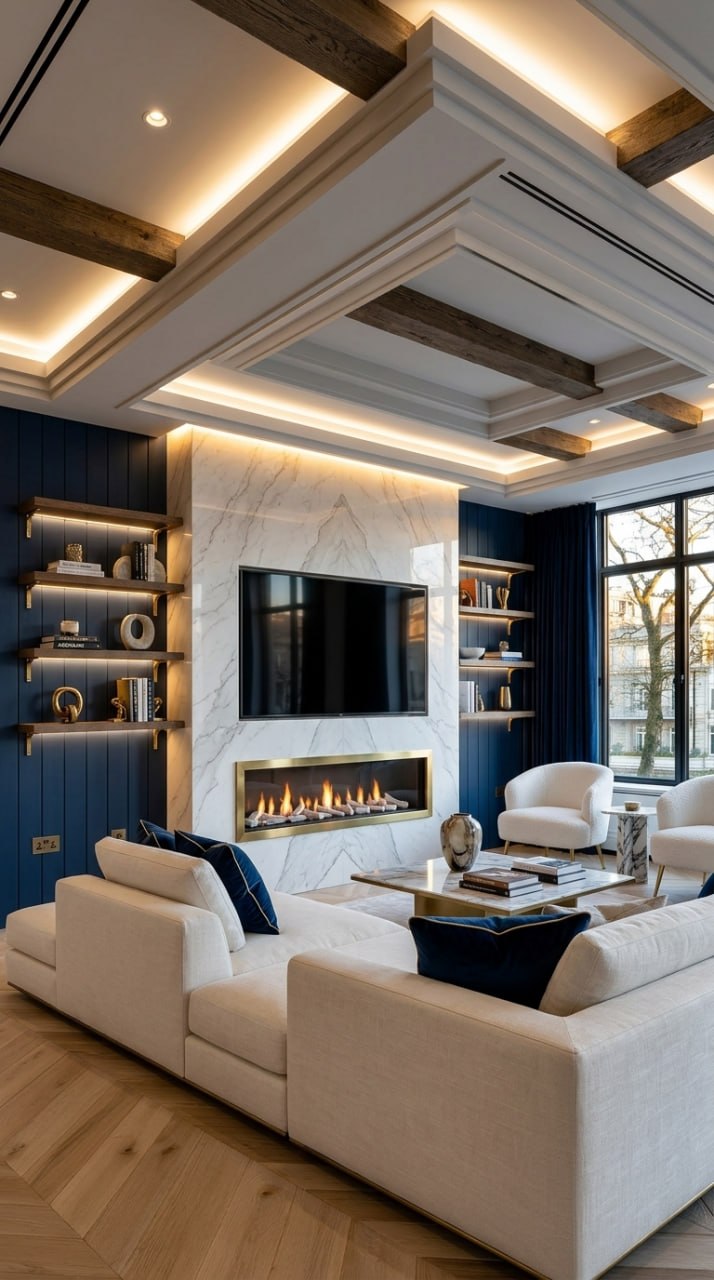 AI-generated Art Deco media wall with white marble panels, navy blue shiplap, cream sectional sofa, and brass fireplace frame