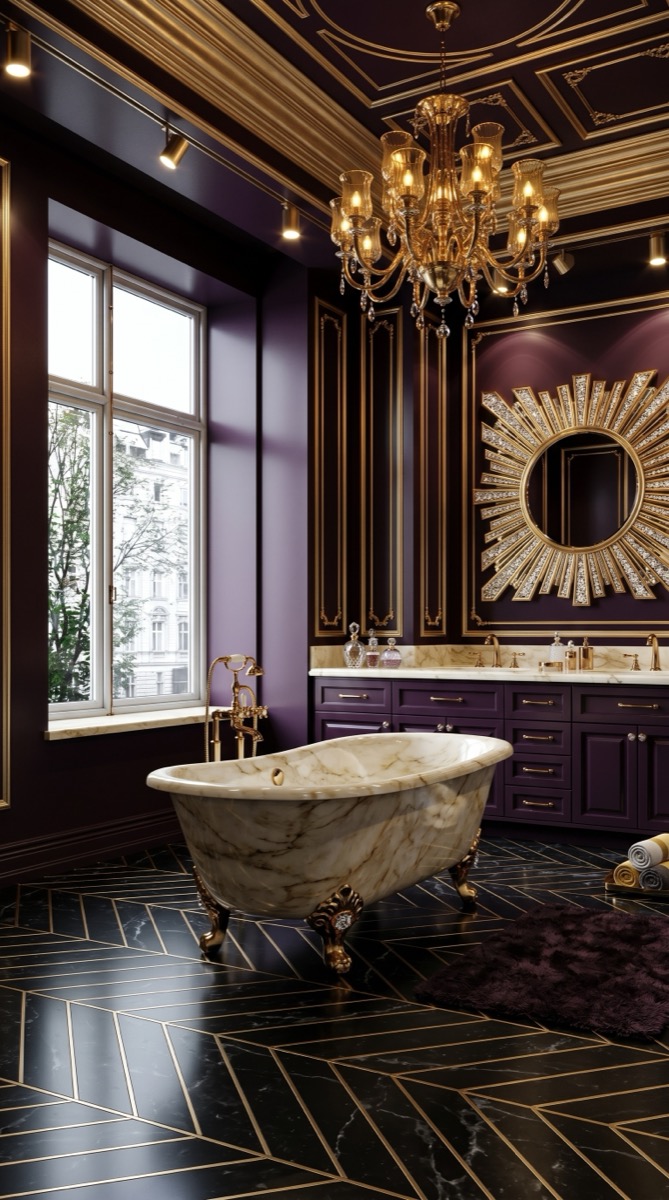 AI-generated Classic Aubergine Gold bathroom with white Calacatta marble bathtub, brass ribbed base, black lacquer vanity, and gold leaf wall panels