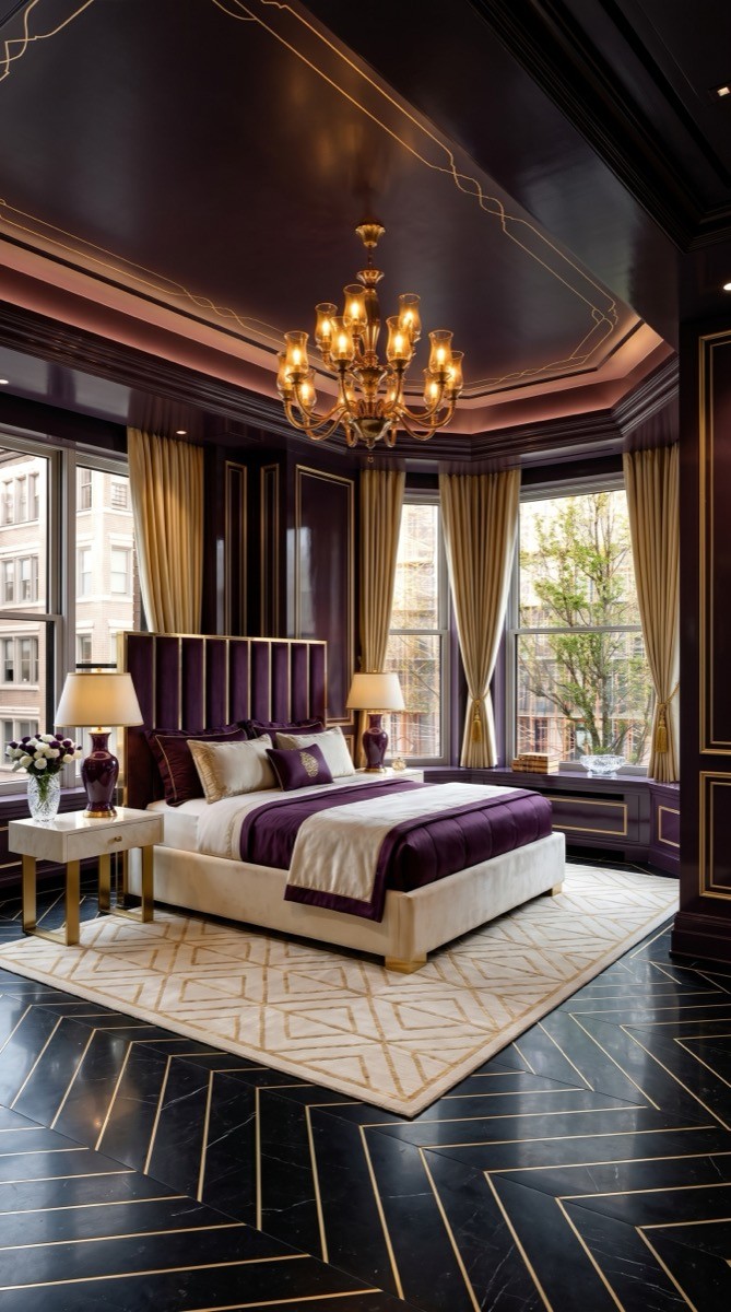 Classic aubergine and gold bedroom with rich tones, gold lighting, and refined luxury details
