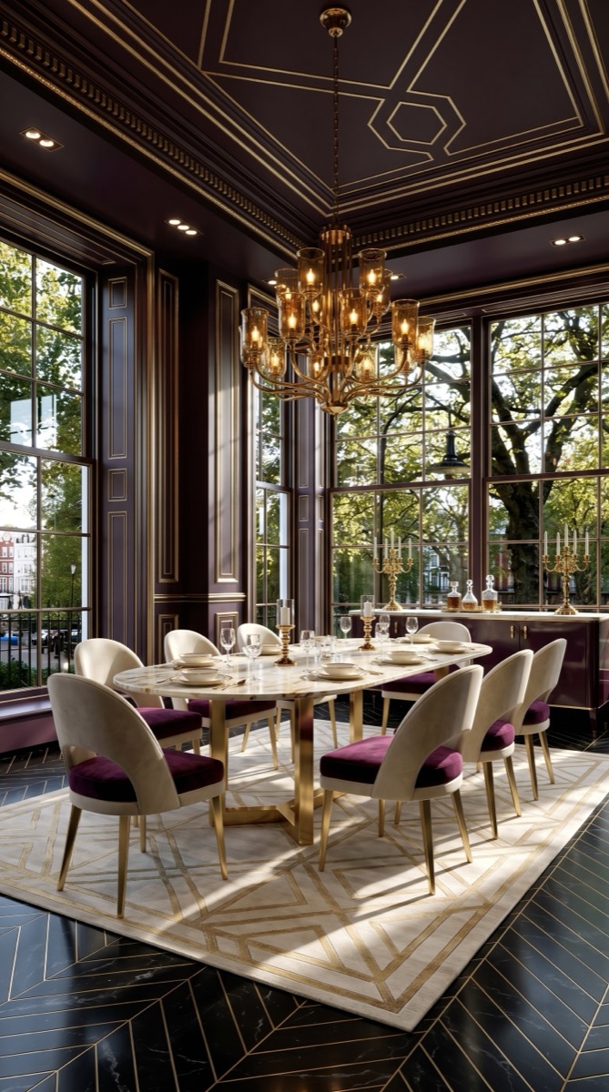 AI-generated Classic Aubergine Gold dining room with white Calacatta marble table, aubergine velvet chairs, gold leaf wall panels, and brass chandelier