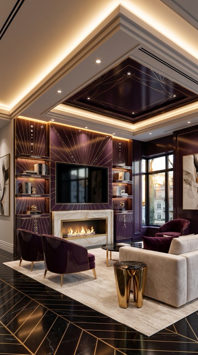 Classic aubergine and gold media wall with built-in shelving and ambient lighting