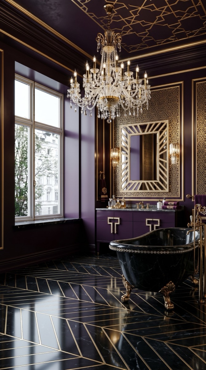 AI-generated Luxe Aubergine Gold bathroom with black marble bathtub, gold claw feet, crystal chandelier, and gold leaf wall panels