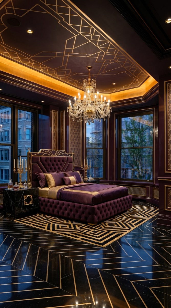 AI-generated Luxe Aubergine Gold bedroom with aubergine velvet bed, gold leaf wall panels, black marble nightstands, and crystal chandelier