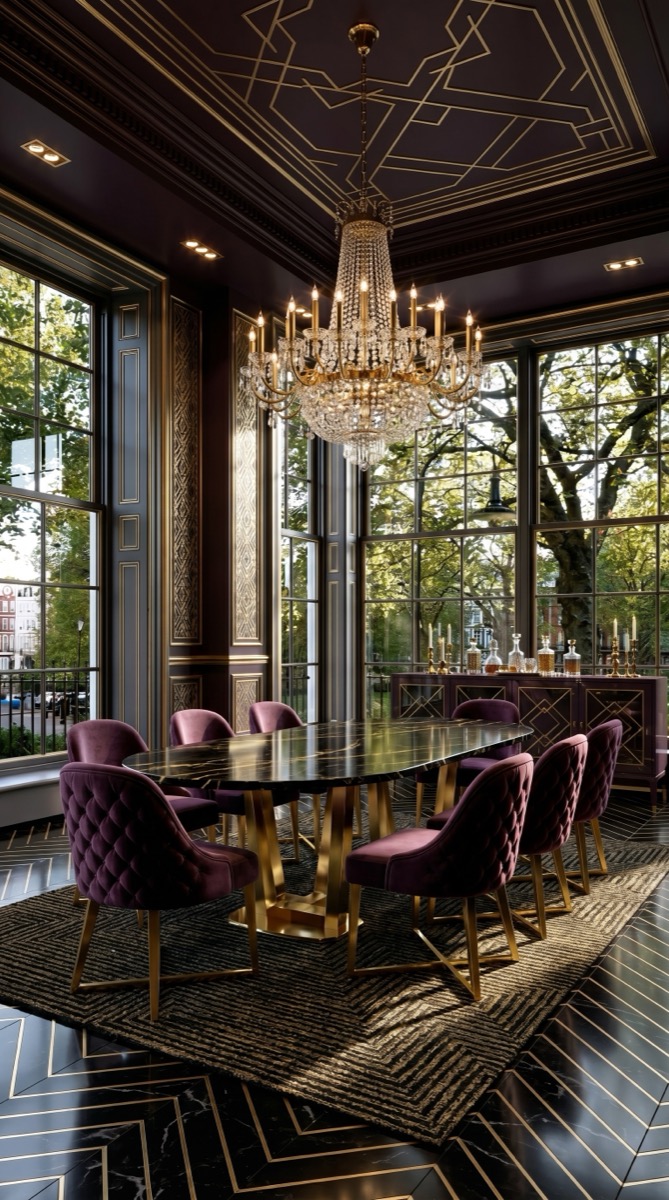 AI-generated Luxe Aubergine Gold dining room with black marble table, aubergine velvet chairs, gold leaf wall panels, and crystal chandelier