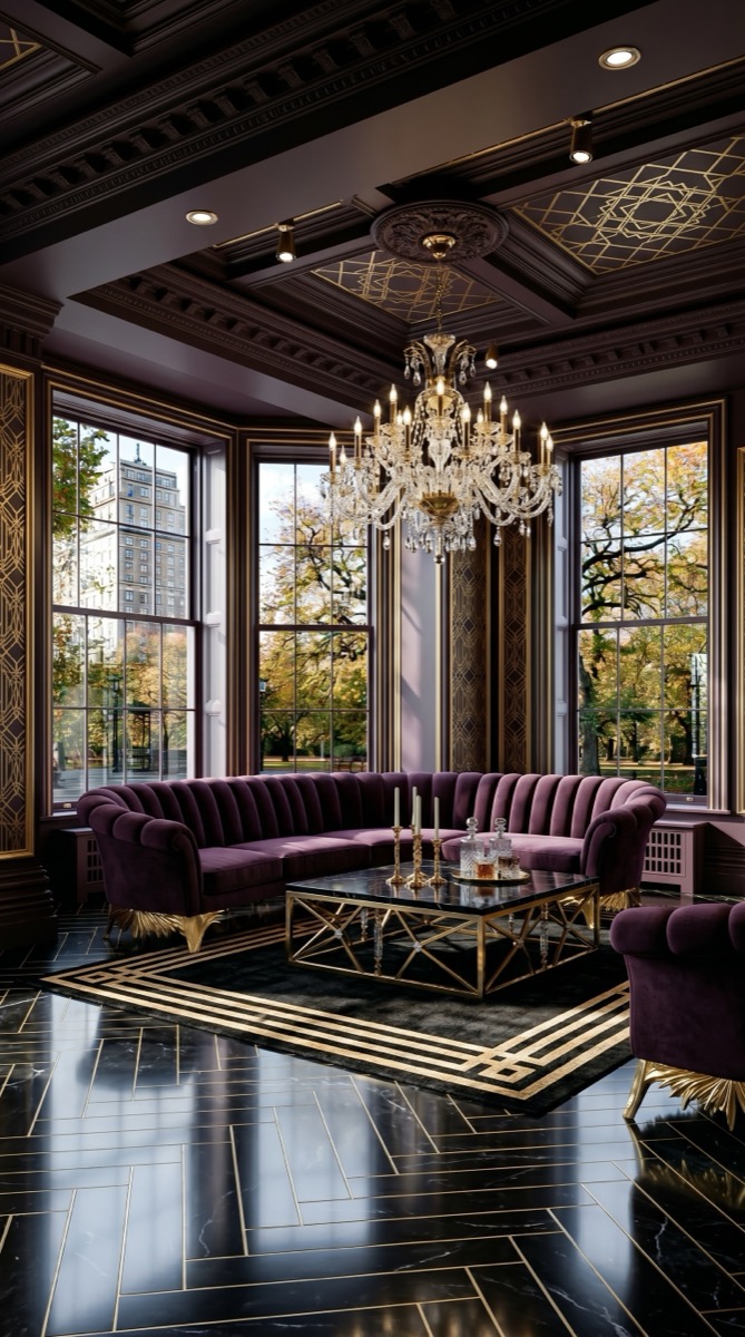 AI-generated Luxe Aubergine Gold living room with aubergine velvet sofa, gold leaf wall panels, black marble coffee table, and crystal chandelier