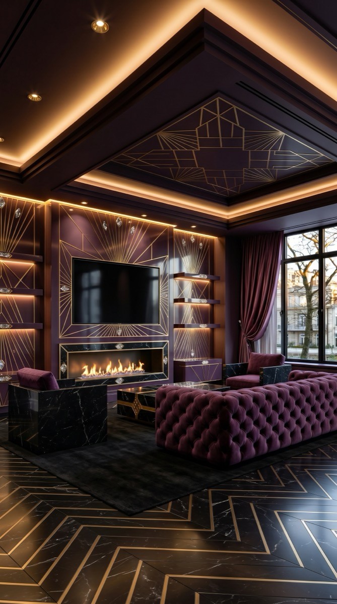 AI-generated Luxe Aubergine Gold media wall with black marble panels, gold geometric sunburst inlay, aubergine velvet sofa, and crystal chandelier