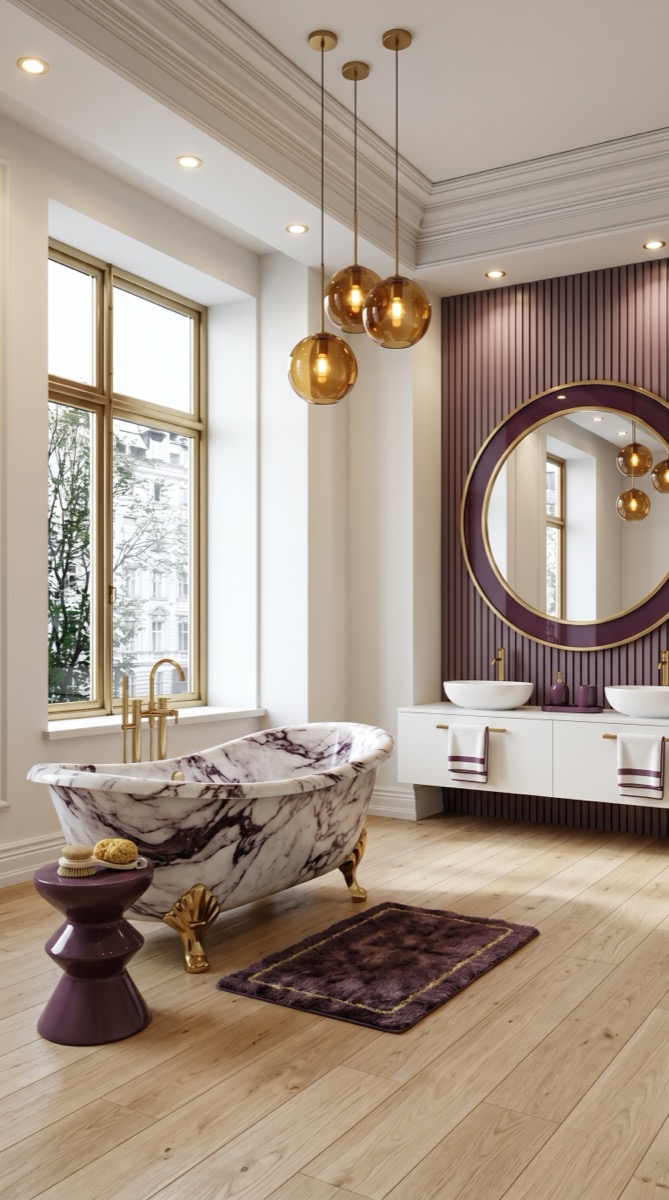AI-generated Modern Aubergine Gold bathroom with white Calacatta marble bathtub with thin brass legs, white lacquer vanity, brass globe pendants, and white walls