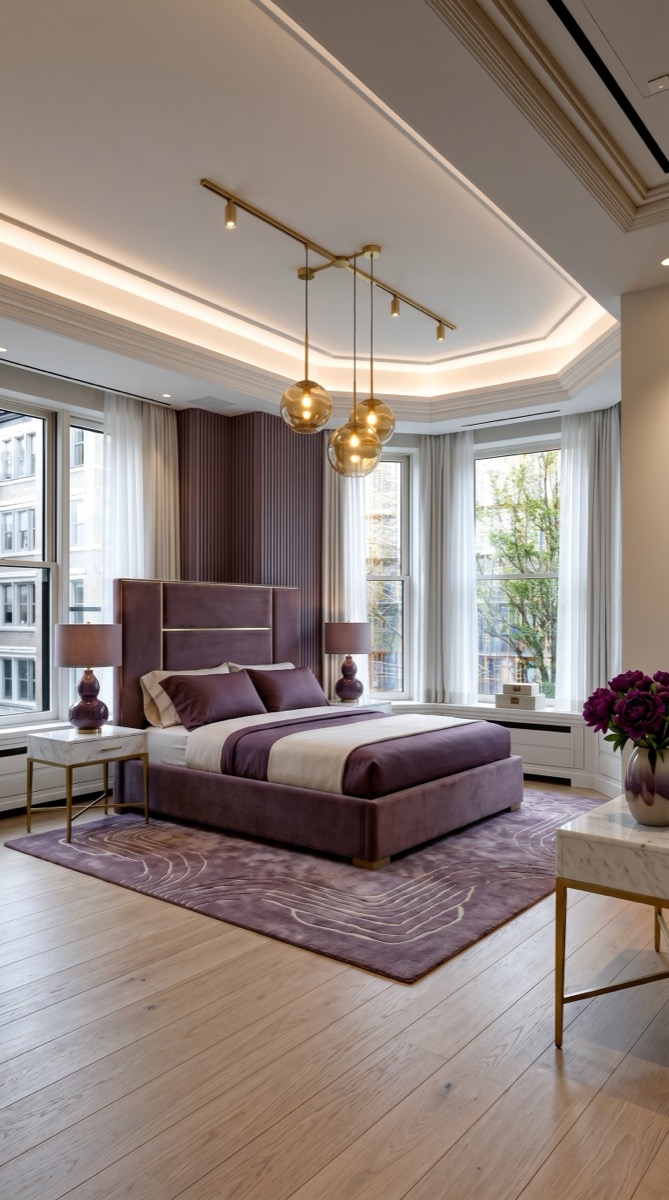 AI-generated Modern Aubergine Gold bedroom with aubergine velvet bed, white Calacatta marble nightstands with thin brass legs, brass globe pendants, and white walls