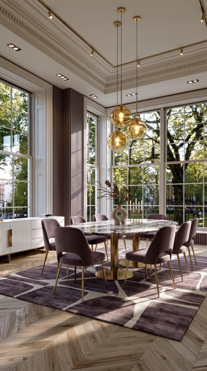 AI-generated Modern Aubergine Gold dining room with white Calacatta marble table with thin brass legs, aubergine velvet chairs, brass globe pendants, and white walls
