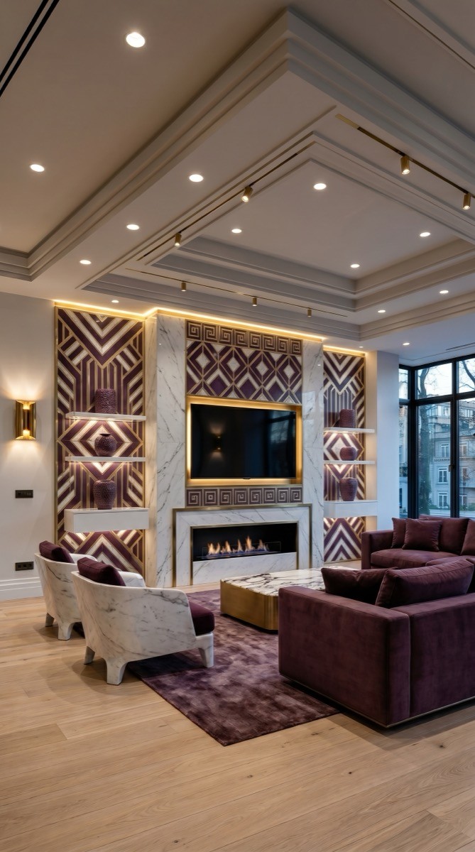 Aubergine and gold modern media wall designed for a compact living room
