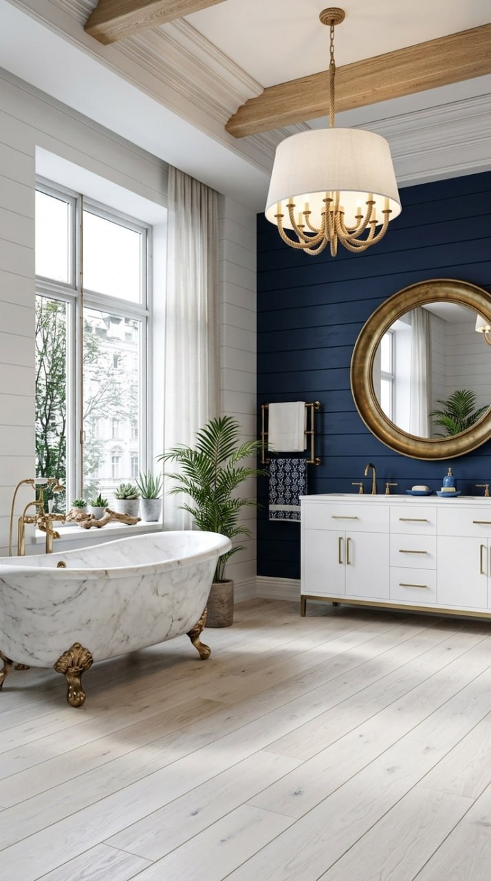 AI-generated Coastal Boho bathroom with white marble bathtub, white lacquer vanity, rope chandelier, and navy accents