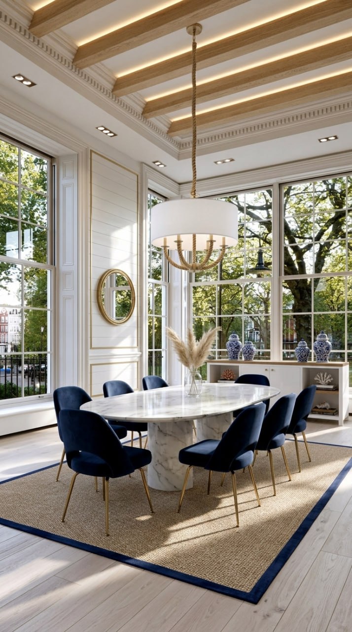 AI-generated Coastal Boho dining room with white marble table, navy velvet chairs, sisal rug, and rope chandelier