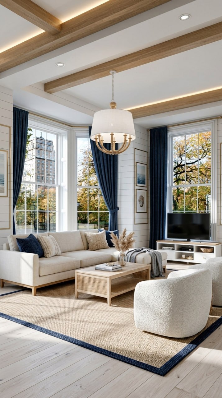 Coastal living room with white shiplap panelled walls, navy curtains and natural fibre rug