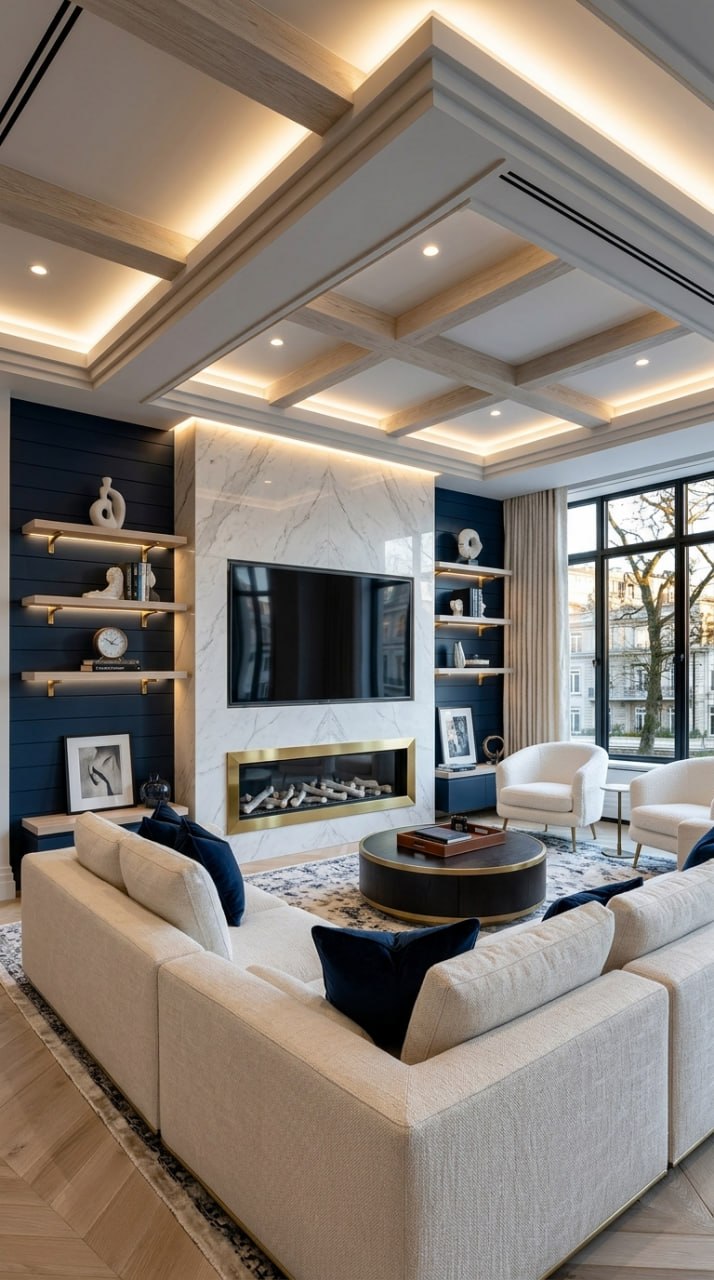 AI-generated Coastal Boho media wall with white marble panels, navy shiplap, oak shelves, and cream linen sofa