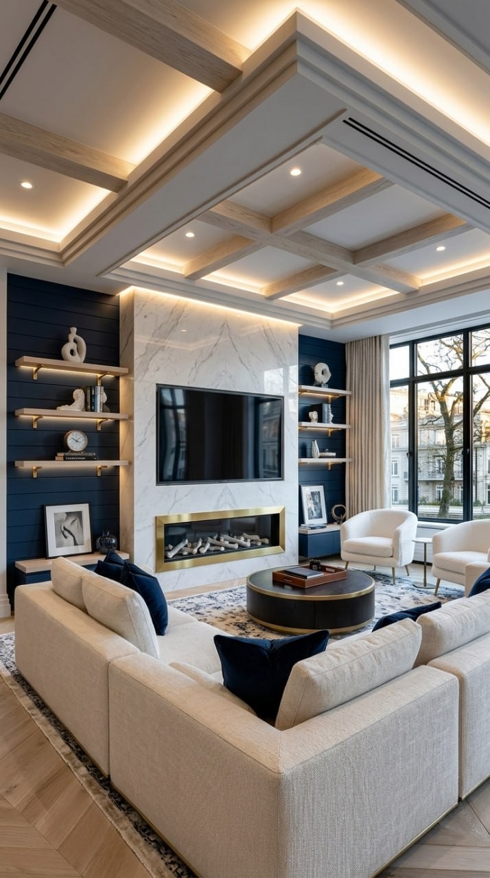 AI-generated Coastal Boho media wall with white marble panels, navy shiplap, oak shelves, and cream linen sofa