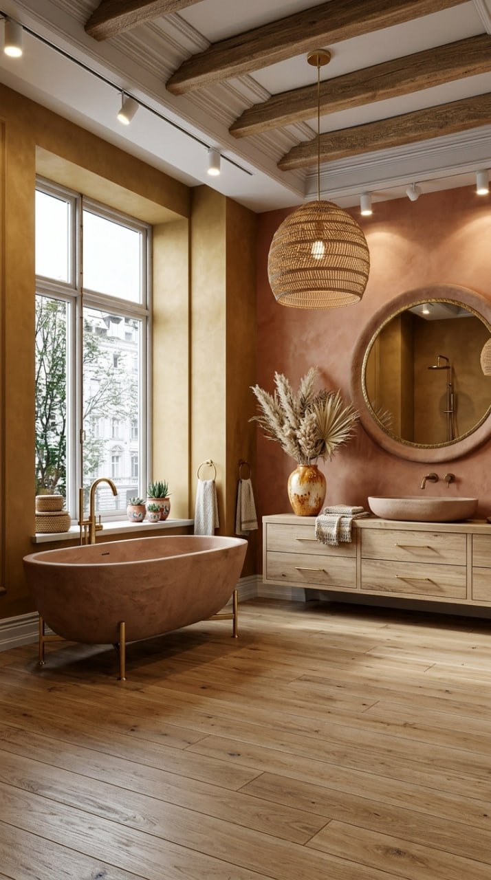 AI-generated Desert Boho bathroom with natural clay bathtub, oak floating vanity, rattan pendant, and terracotta walls