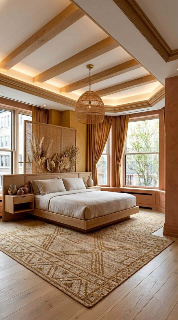AI-generated Desert Boho bedroom with natural linen bed, rattan headboard, dried botanicals, jute rug, and ochre accents