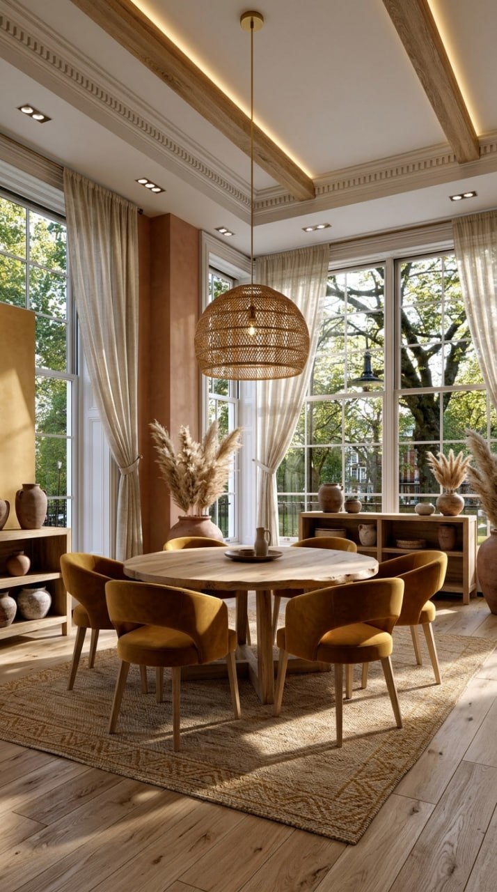 AI-generated Desert Boho dining room with natural oak table, ochre velvet chairs, clay pots, and rattan pendant