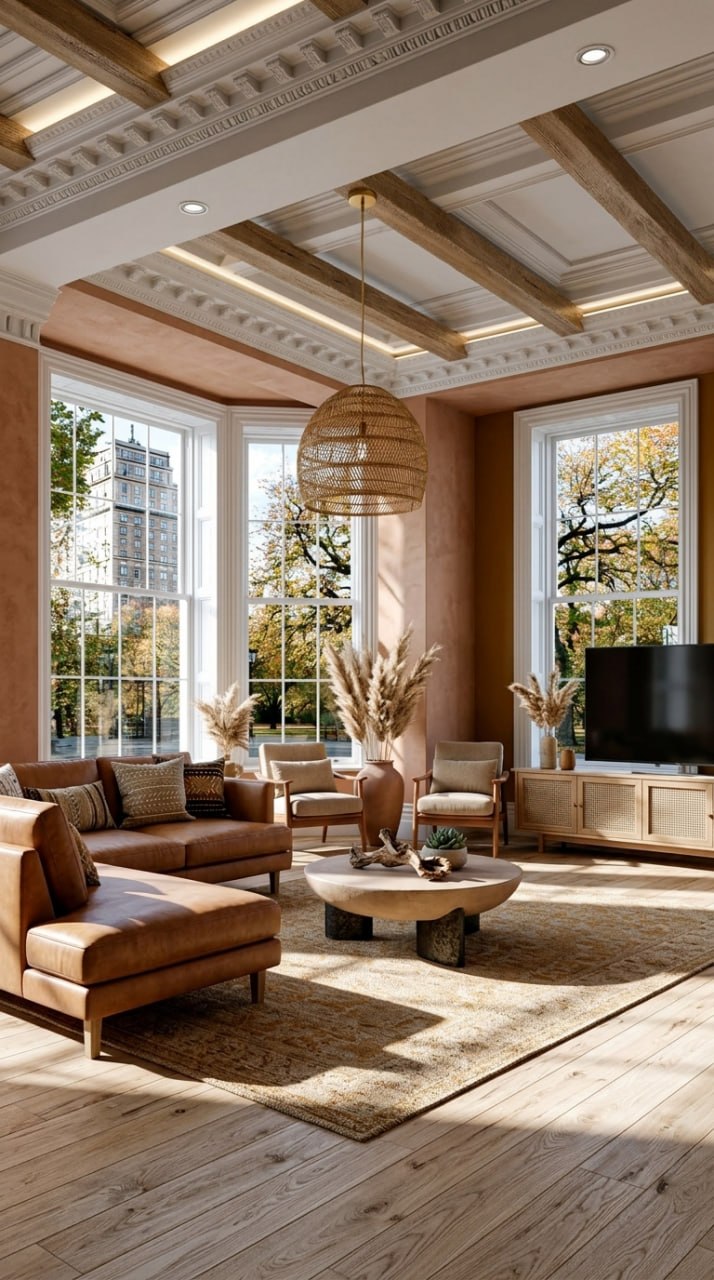 AI-generated Desert Boho living room with caramel leather sofa, clay coffee table, jute rug with ochre pattern, and rattan pendant