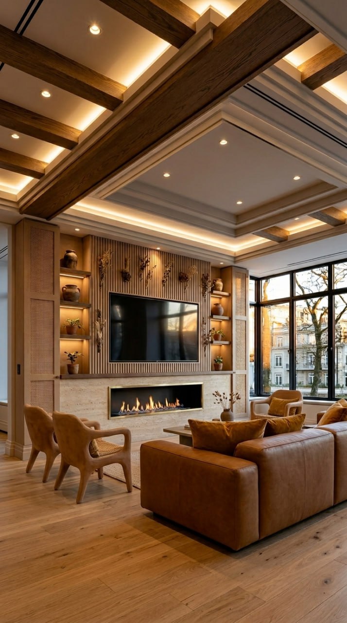AI-generated Desert Boho media wall with clay vertical slat paneling, dried botanicals, floating oak shelves, and caramel leather sofa