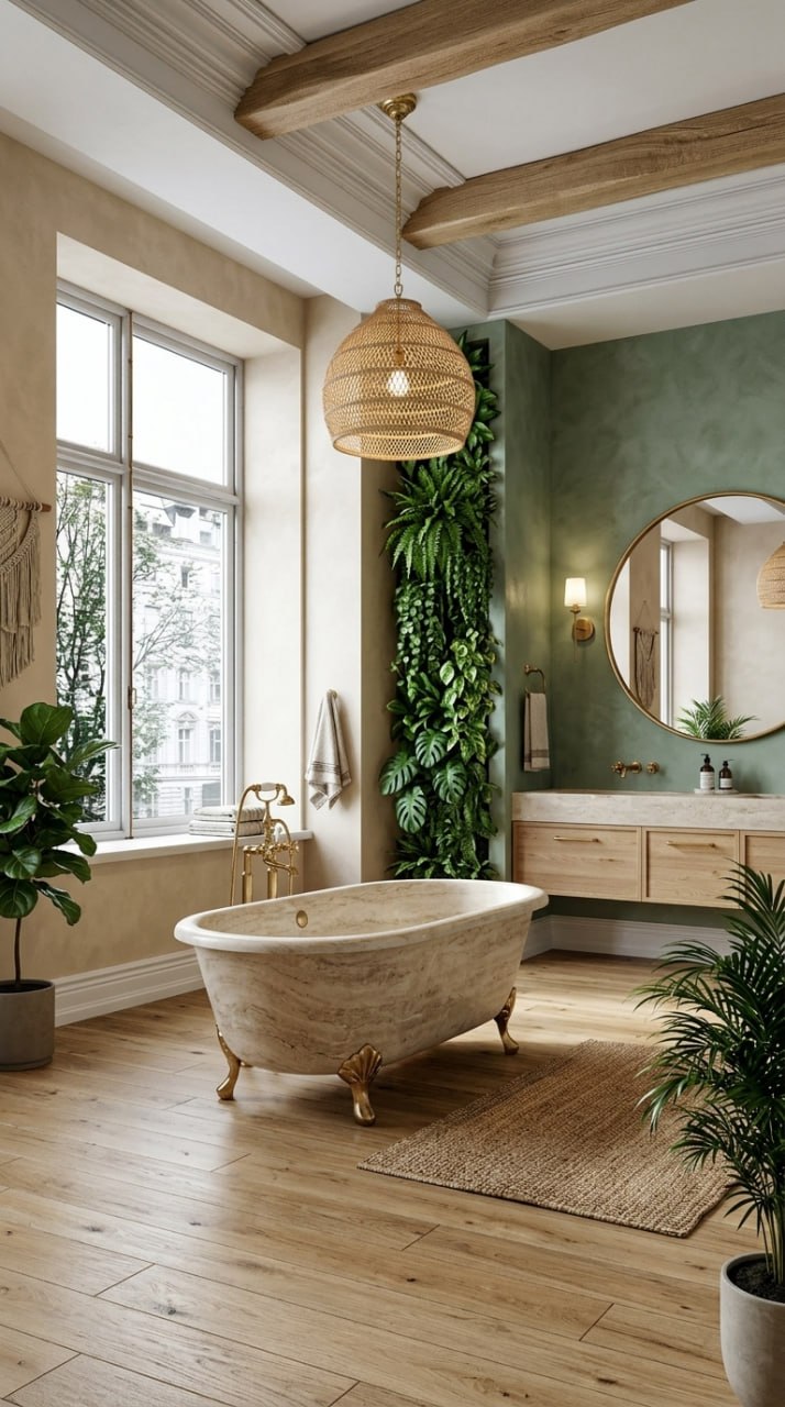 AI-generated Boho bathroom with natural stone bathtub, oak floating vanity, rattan pendant, and living plant wall