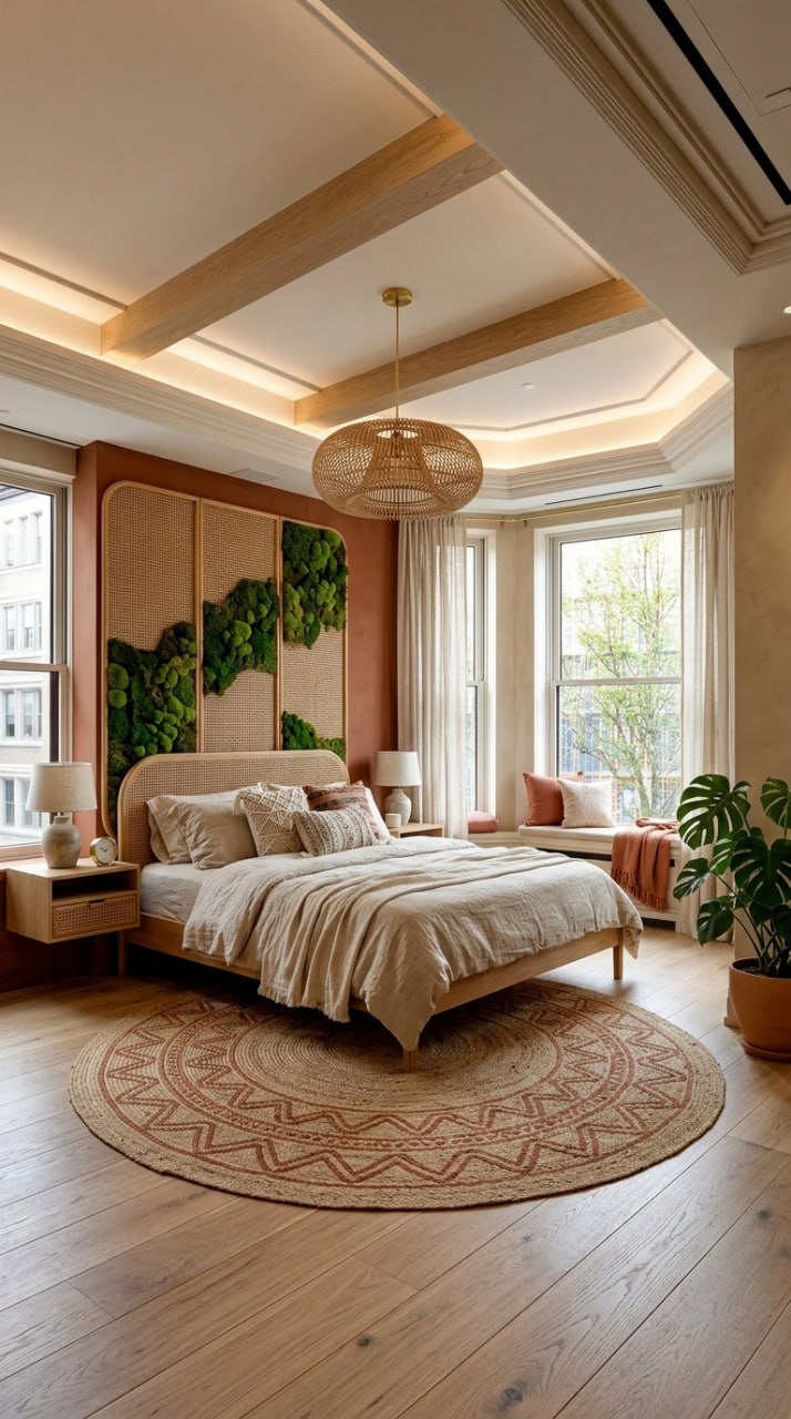 AI-generated Boho bedroom with natural linen bed, rattan headboard, preserved moss wall, jute rug, and oak ceiling beams
