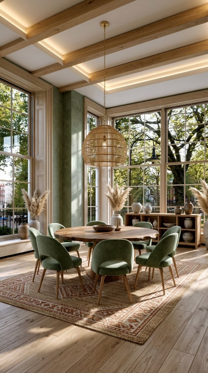 AI-generated Boho dining room with natural oak table, sage green velvet chairs, rattan pendant light, and jute rug