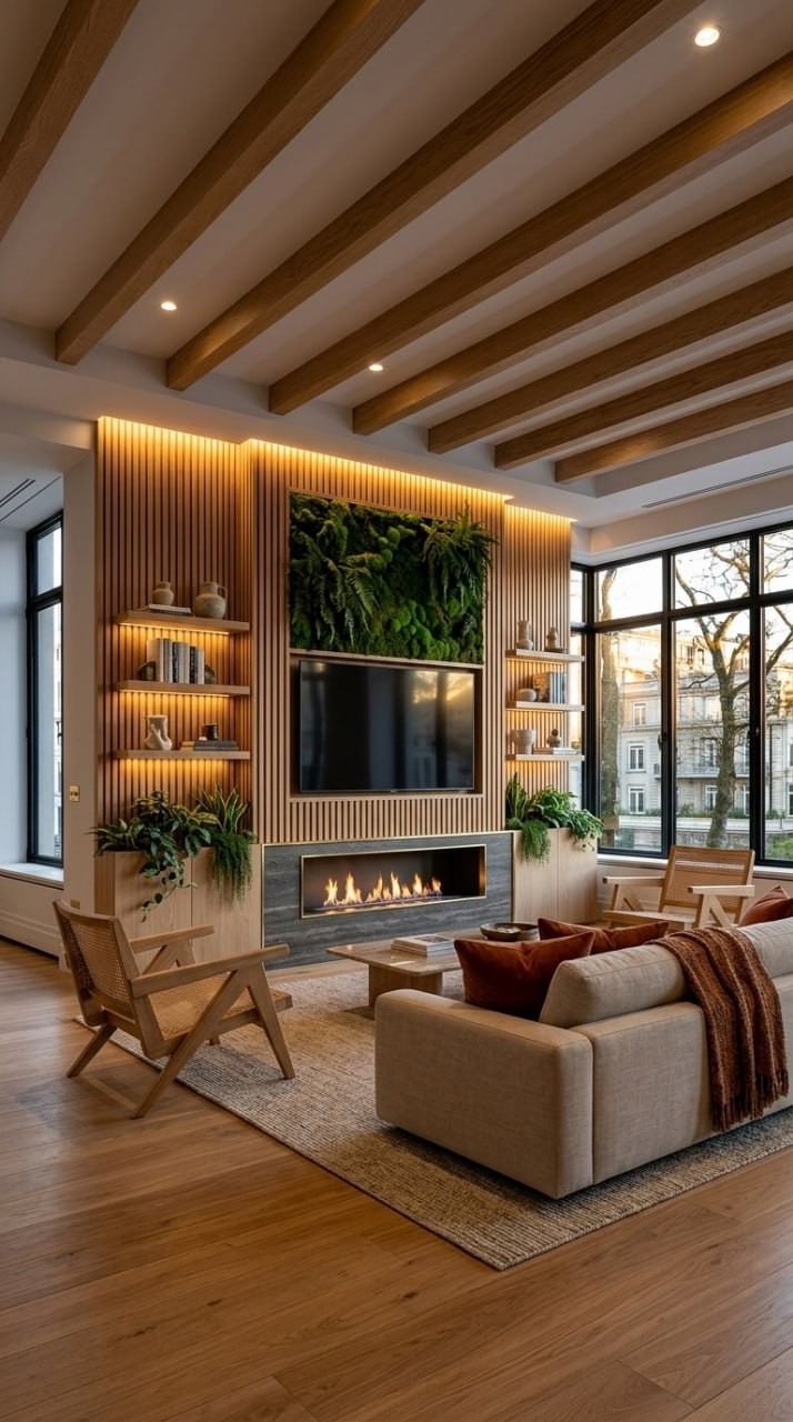 Warm earth boho media wall with natural textures and relaxed styling