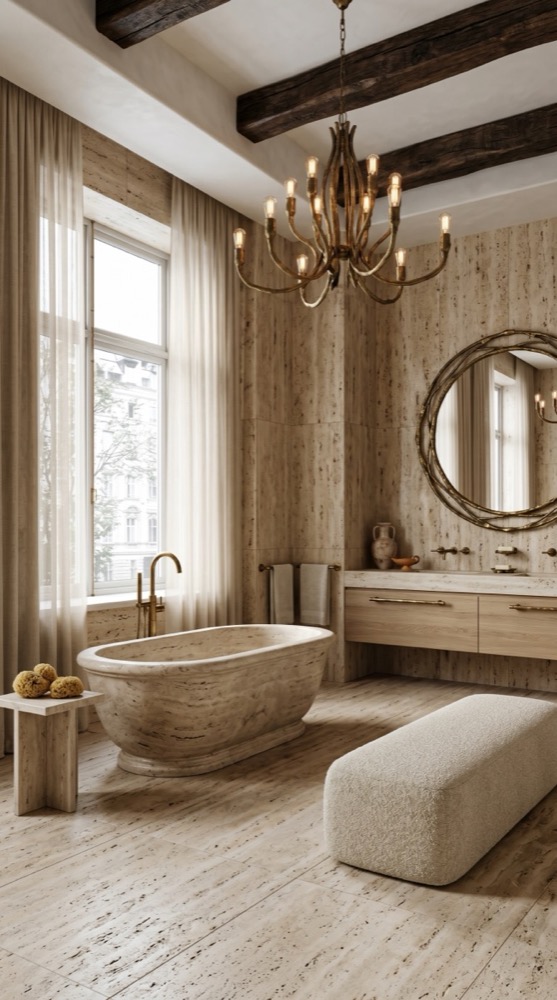 AI-generated Classic Boucle Travertine bathroom with natural travertine bathtub, oak vanity, weathered brass fixtures, and travertine stone walls
