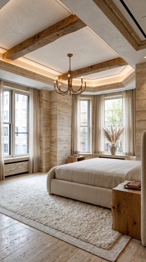 AI-generated Classic Boucle Travertine bedroom with boucle bed, natural travertine stone walls, oak nightstands, and weathered brass chandelier