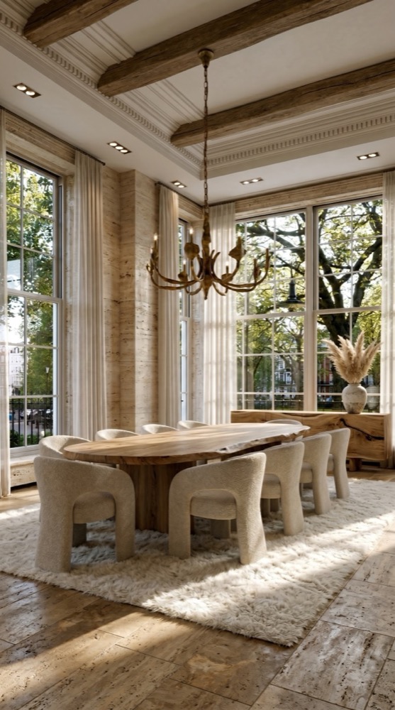 Dining room with travertine slab walls and columns, timber beams and boucle dining chairs