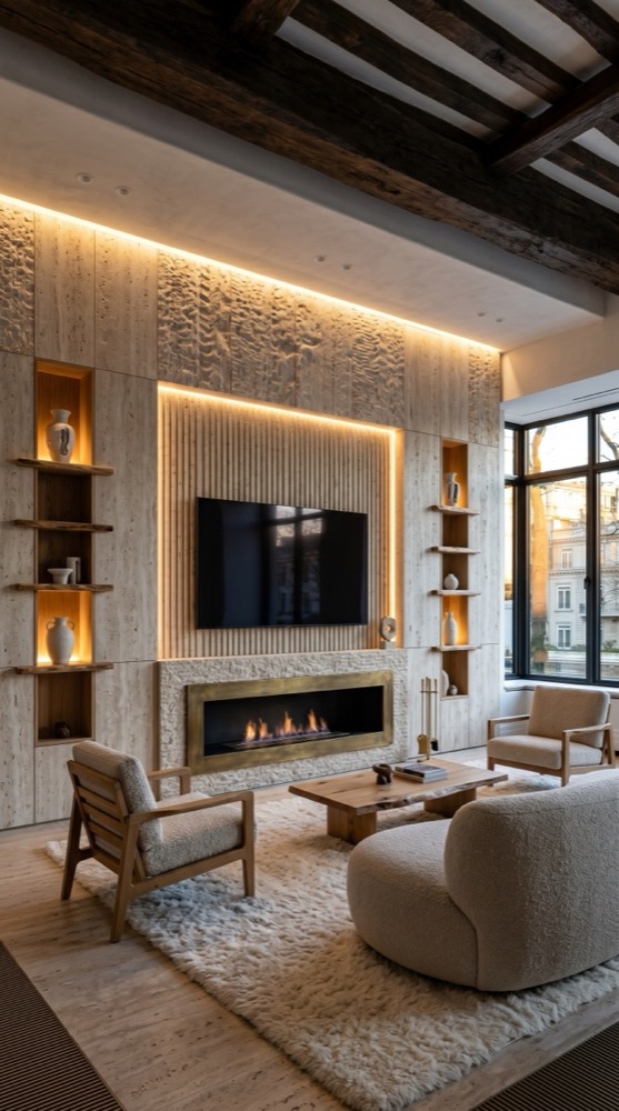 AI-generated Classic Boucle Travertine media wall with natural travertine panels, oak shelves, boucle sofa, and weathered brass chandelier