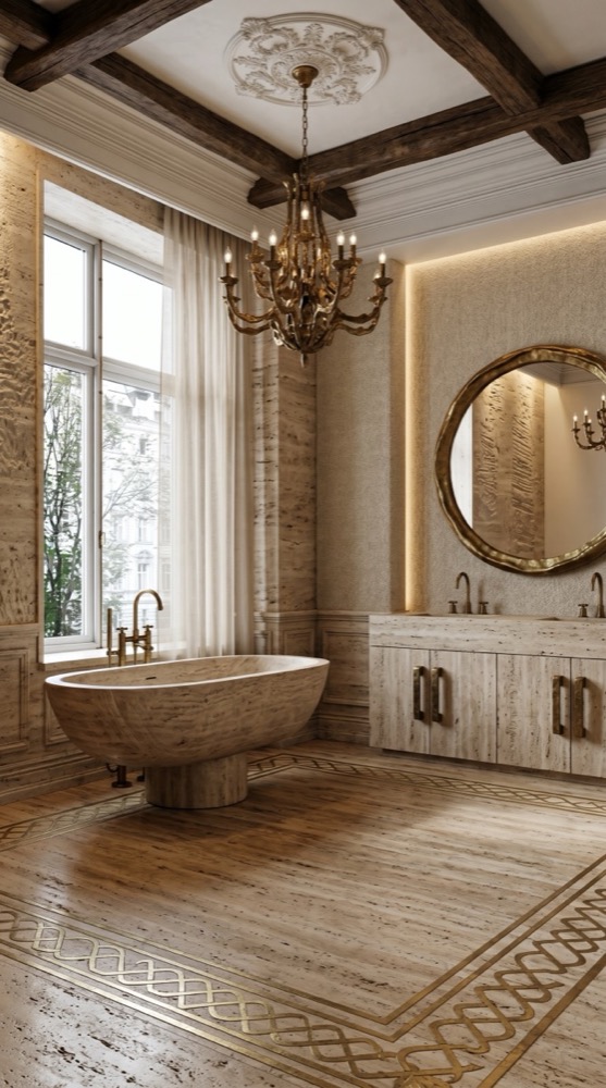 AI-generated Luxe Boucle Travertine bathroom with thick travertine bathtub, brass inlay, double travertine vanity, and oversized weathered brass chandelier