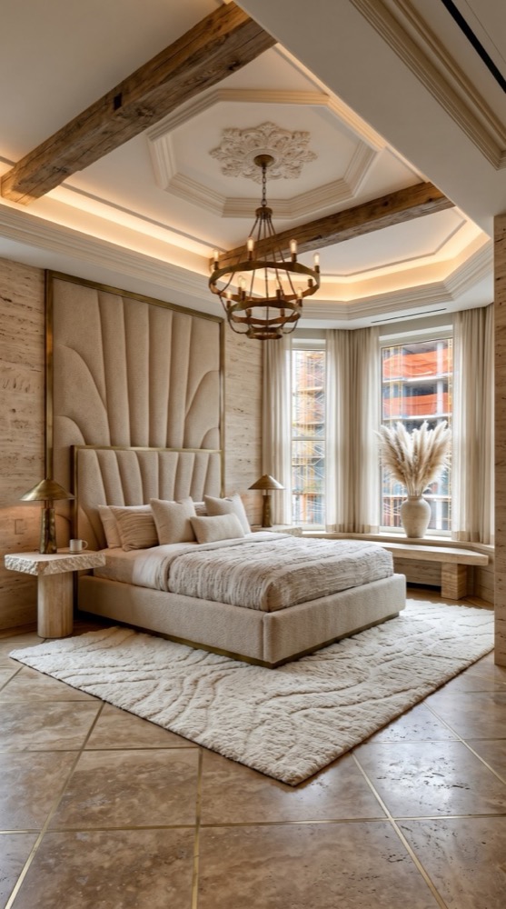 Bedroom with tall upholstered wall panels behind the bed in soft cream boucle