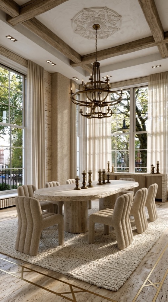 AI-generated Luxe Boucle Travertine dining room with thick travertine table, boucle chairs with channel tufting, and oversized weathered brass chandelier